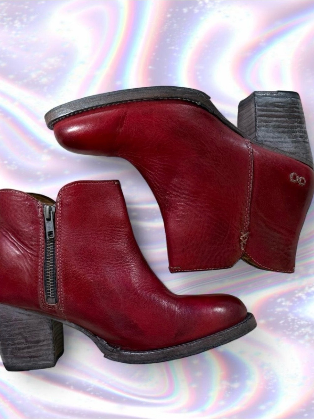 Bed Stu Red Leather Ankle Bootie with Stacked Heel